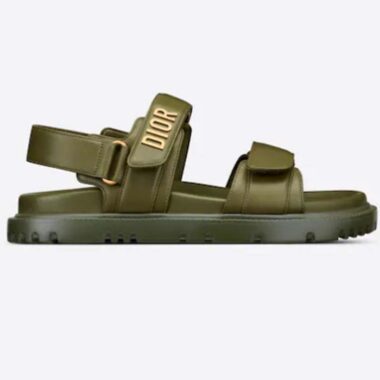 Dior Unisex Shoes DiorAct Sandal Khaki Lambskin Gold-Finish Metal DIOR Signature