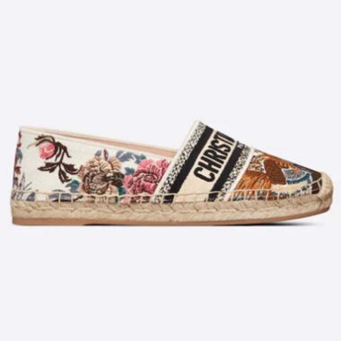 Dior Women Granville Espadrille White Multicolor Jardin D'Hiver Embroidered Cotton