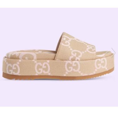 Gucci Unisex Jumbo GG Platform Slide Sandal Beige Light Pink Canvas Low 3 Cm Heel