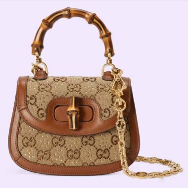 Gucci Women Bamboo 1947 Mini Top Handle Bag Beige Ebony Canvas GG Crystal