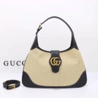 Gucci Women GG Aphrodite Large Shoulder Bag Beige Black Cotton Canvas Black Leather (7)