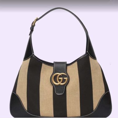 Gucci Women GG Aphrodite Medium Shoulder Bag Beige Black Cotton Canvas Black Leather