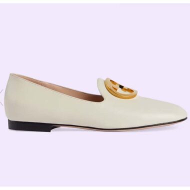 Gucci Women GG Blonde Ballet Flat White Round Interlocking G Leather