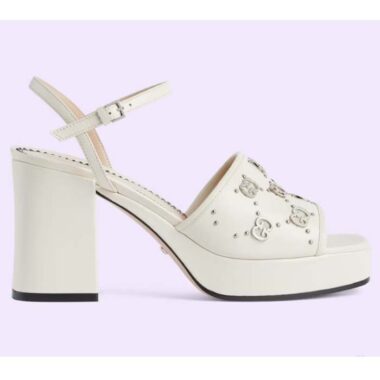 Gucci Women GG Interlocking G Studs Sandal White Leather Mid 8 Cm Heel