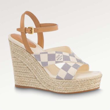 Louis Vuitton LV Women Starboard Wedge Sandal Natural Damier Azur Canvas Calf Leather