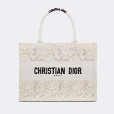 Dior Women CD Medium Dior Book Tote White Multicolor D-Lace Embroidery Macramé