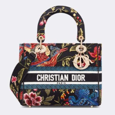 Dior Women CD Medium Lady D-Lite Bag Black Multicolor Dior Birds Embroidery