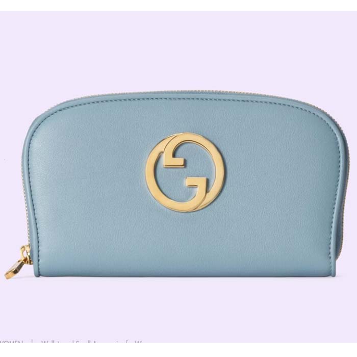 Gucci Unisex GG Blondie Zip Around Wallet Light Blue Leather Round Interlocking G