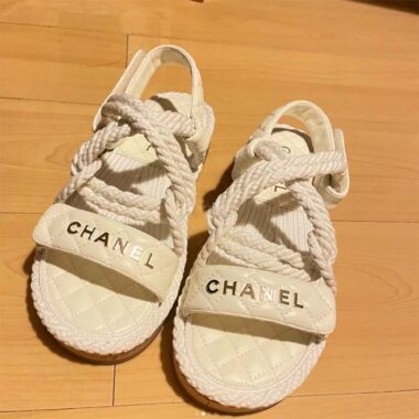 Chanel Women CC Cotton Tweed White Sandals Calfskin Leather Cotton 1 CM Heel