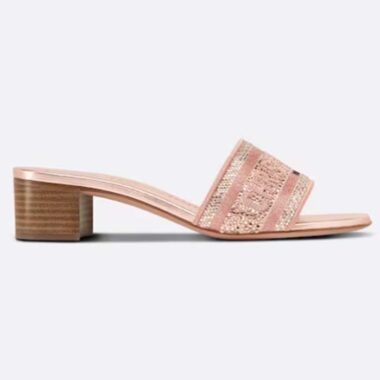 Dior Women CD Dway Heeled Slide Rose Des Vents Cotton Embroidered Metallic Thread Strass