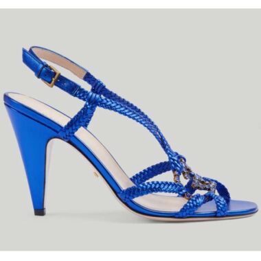 Gucci Women GG Cystal Interlocking G Sandal Blue Metallic Braided High 9 CM Heel