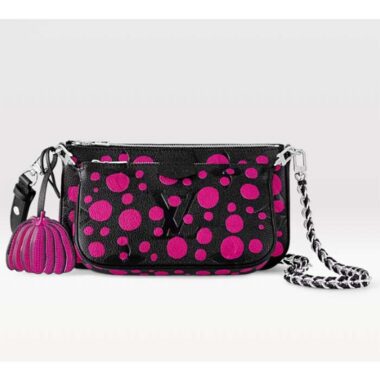 Louis Vuitton Women LV x YK Multi Pochette Accessoires Black Fuchsia Embossed Grained Monogram Empreinte Cowhide