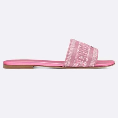 Dior Women CD Dway Slide Pink Cotton Embroidered Metallic Thread Strass