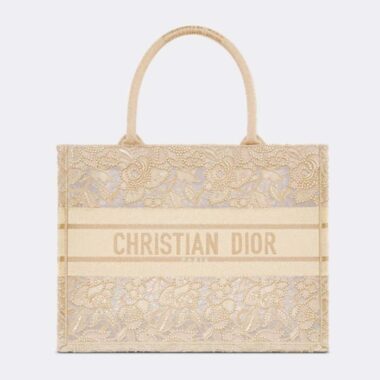 Dior Women CD Medium Dior Or Book Tote Gold-Tone D-Lace Embroidery Macramé Effect