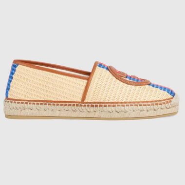 Gucci Unisex GG Interlocking G Espadrilles Natural Raffia Brown Leather Round Toe Flat