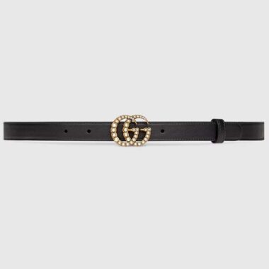 Gucci Unisex GG Leather Belt Pearl Double G Buckle Black 2 CM Width