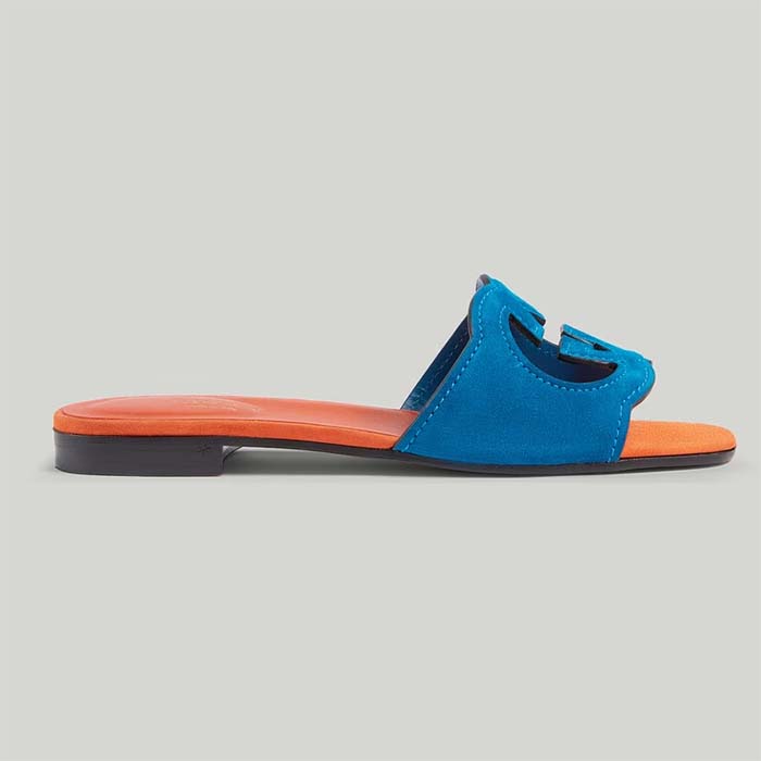 Gucci Unisex Interlocking G Cut-Out Slide Sandal Blue Orange Suede Flat