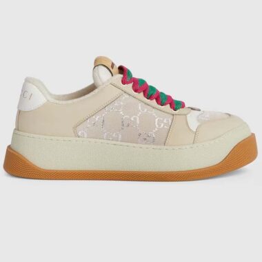 Gucci Unisex Screener Sneaker White GG Lamé Canvas Bi-Color Chunky Laces