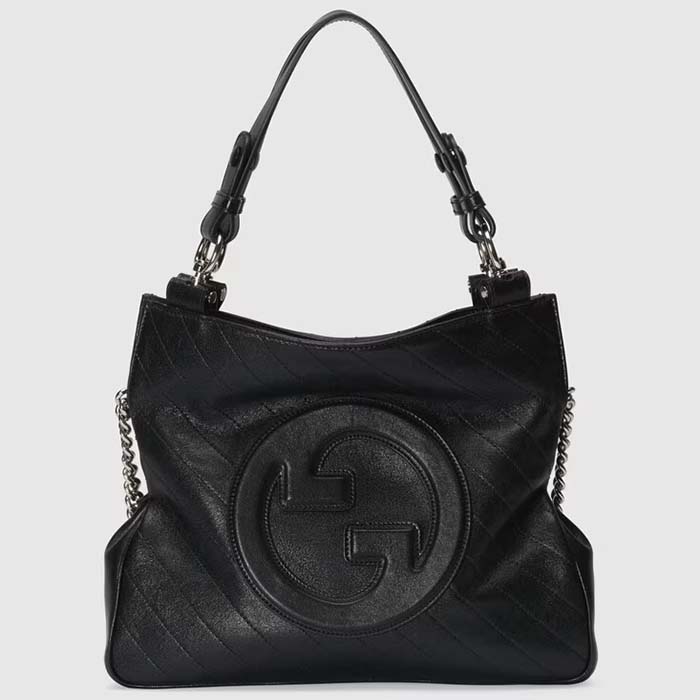 Gucci Women GG Blondie Small Tote Bag Black Leather Round Interlocking G
