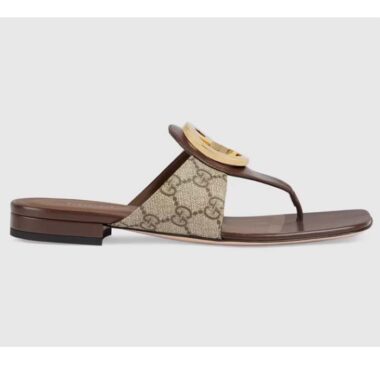 Gucci Women GG Blondie Thong Sandal Beige Ebony GG Supreme Canvas