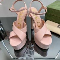 Gucci Women GG Horsebit Platform Sandal Light Pink Leather High 13 CM Heel (9)