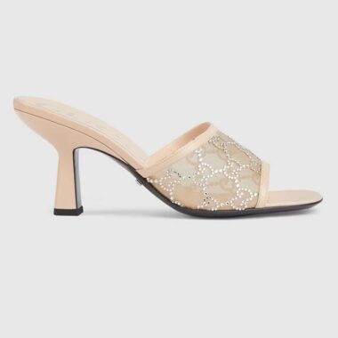 Gucci Women GG Mid Heel Slide Sandal Rose Beige GG Crystal Mesh 7.6 CM Heel