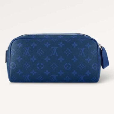 Louis Vuitton LV Unisex Dopp Kit Toilet Pouch Blue Taiga Cowhide Leather Monogram Coated Canvas