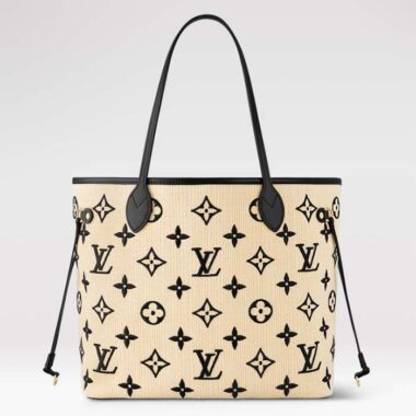 Louis Vuitton LV Unisex Neverfull MM Black Lotus Cotton Cowhide Leather