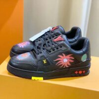 Louis Vuitton Unisex LV x YK LV Trainer Sneaker Black Printed Grained Calf Leather Monogram Flowers (1)