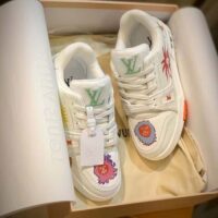 Louis Vuitton Unisex LV x YK LV Trainer Sneaker White Printed Grained Calf Leather Monogram Flowers (3)