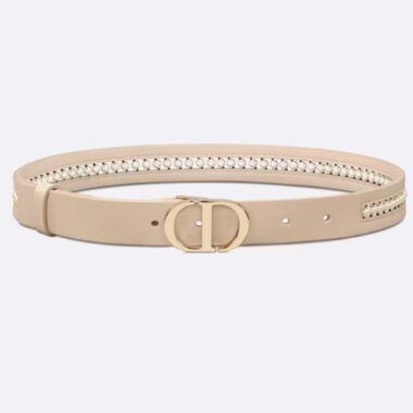 Dior CD Women 30 Montaigne Belt Aesthetic Beige Smooth Calfskin White Glass Pearls 25 MM Width