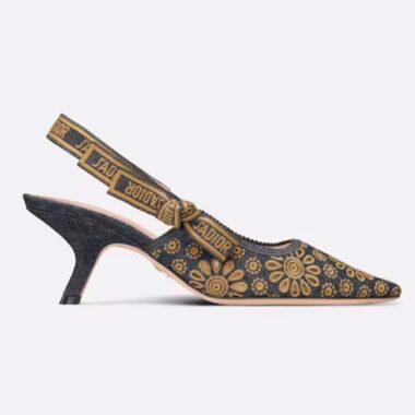 Dior CD Women J'Adior Slingback Pump Blue Denim Embroidered Camel-Colored Saint-Gall Motif