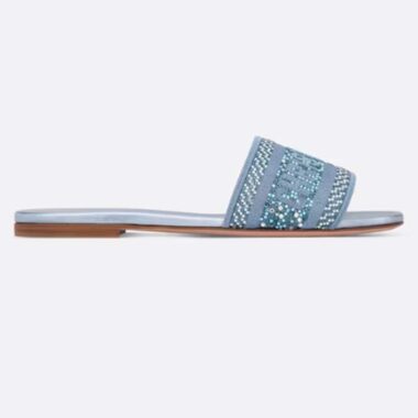 Dior Women CD Dway Slide Blue Cotton Embroidered Metallic Thread Strass