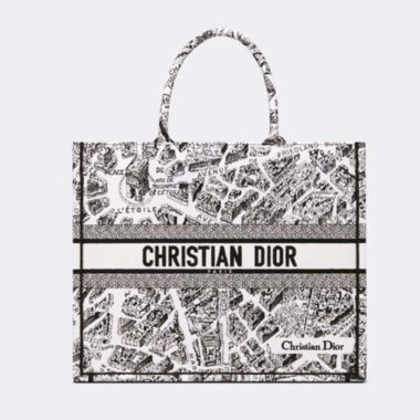 Dior Women CD Large Dior Book Tote White Black Plan De Paris Embroidery