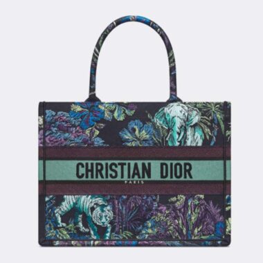 Dior Women CD Medium Book Tote Blue Multicolor Toile De Jouy Voyage Embroidery