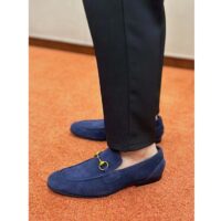Gucci Unisex GG Jordaan Loafer Deep Blue Suede Horsebit Slim Shape Leather Flat (7)