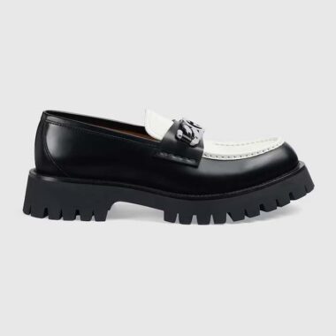 Gucci Unisex GG Loafer Interlocking G Black Off White Leather Rubber Lug Mid 4.3 CM Heel