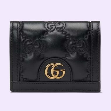 Gucci Unisex GG Marmont Card Case Wallet Black Matelassé Leather Double G