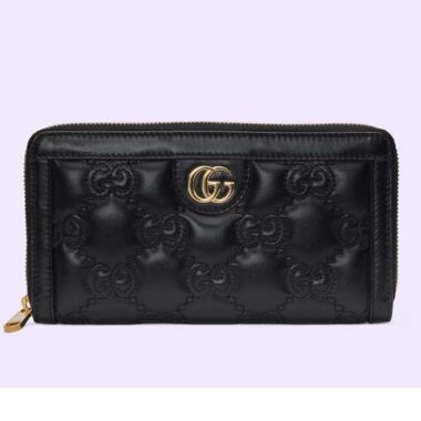 Gucci Unisex GG Marmont Zip Around Wallet Black Matelassé Leather Double G