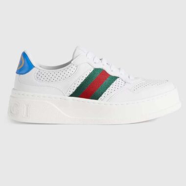 Gucci Unisex GG Sneaker Web White Leather Blue Lace-Up Flat