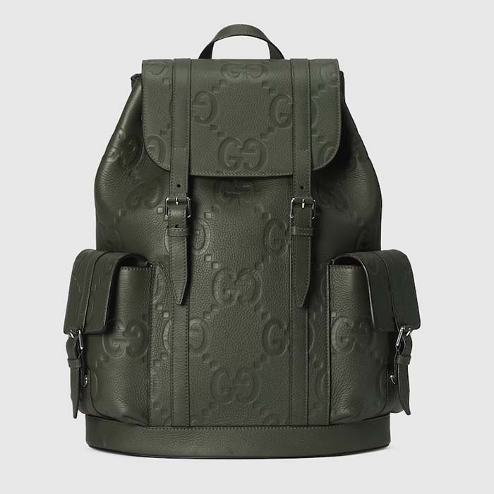 Gucci Unisex Jumbo GG Backpack Dark Green Leather Cotton Linen Top Handle