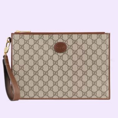 Gucci Unisex Pouch Interlocking G Beige Ebony GG Supreme Canvas Zip Closure