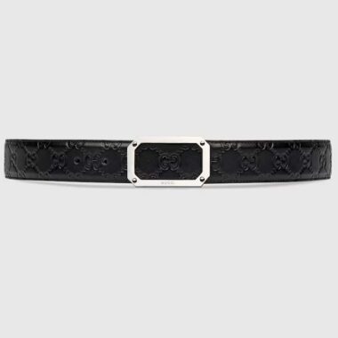 Gucci Unisex Signature Leather Belt Black Leather Rectangular Buckle Trademark 3.8 CM Width