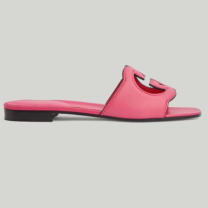 Gucci Women Interlocking G Cut Out Slide Sandal Dark Pink Leather Flat