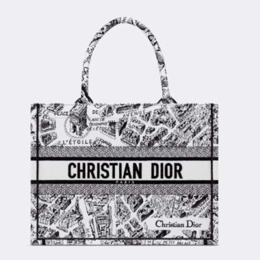 Dior Unisex CD Medium Book Tote White Black Plan De Paris Embroidery