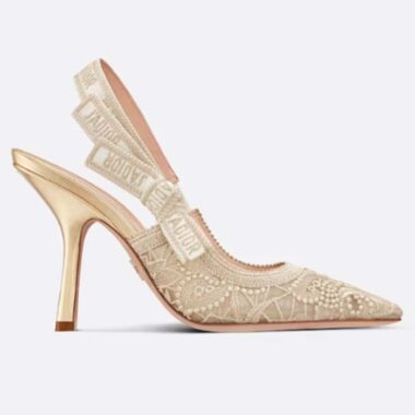 Dior Women CD J'Adior Slingback Pump Transparent Mesh Embroidered Gold-Tone D-Lace Macramé