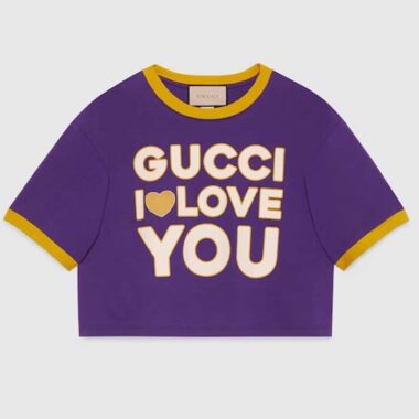 Gucci Women GG Cotton Jersey Cropped T-Shirt Violet Medium Heart Patch Crewneck Short Sleeves