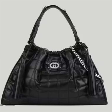 Gucci Women GG Deco Medium Tote Bag Black Quilted Leather Interlocking G