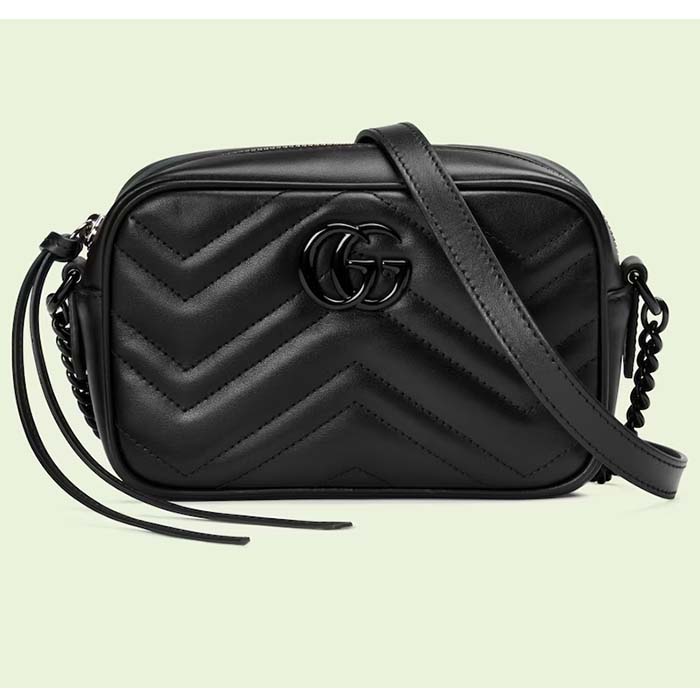 Gucci Women GG Marmont Mini Shoulder Bag Black Matelassé Chevron Leather
