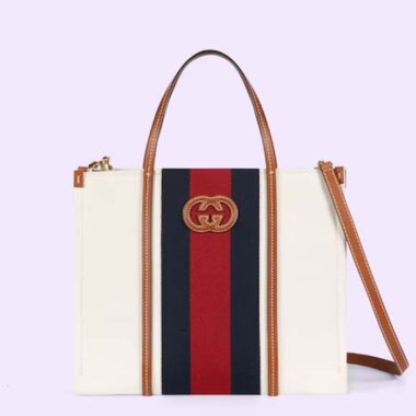 Gucci Women GG Medium Interlocking G Tote Bag White Cotton Canvas